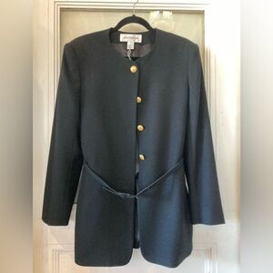 VTG Jones New York Pure Wool Fitted Long Lean Belted Blazer Gold Buttons Size 10
